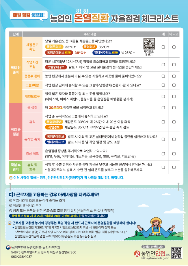 농업인 온열질환 자율점검 체크리스트