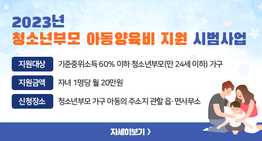 2023년 청소년부모 아동양육비 지원 시범사업
○ 지원대상 : 기준중위소득 60% 이하 청소년부모(만 24세 이하) 가구 
○ 지원금액 : 자녀 1명당 월 20만원
○ 신청장소 : 청소년부모 가구 아동의 주소지 관할 읍‧면사무소
