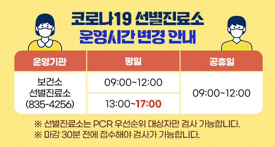 ◈ 코로나19 선별진료소 운영시간 변경 안내 ◈


운영기관
평일
공휴일
보건소 선별진료소
(835-4256)
09:00~12:00
09:00~12:00
13:00~17:00

     ※ 선별진료소는 PCR 우선순위 대상자만 검사 가능합니다.
                    ※ 마감 30분 전에 접수해야 검사가 가능합니다.