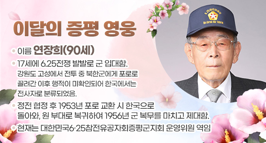 이달의 증평 영웅
• 이름 연장희(90세)
17세에 6.25전쟁 발발로 군 입대함
강원도 고성에서 전투 중 북한군에게 포로로 끌려간 이후 행적이 미확인되어 한국에서는 '전사자로 분류되었음.
•정전협정 후 1953년 포로 교환시 한국으로
돌아와, 원 부대로 복귀하여 1956년 군 복무를 마치고 제대함.
현재는 대한민국6·25참전유공자회증평군지회 운영위원 역임
