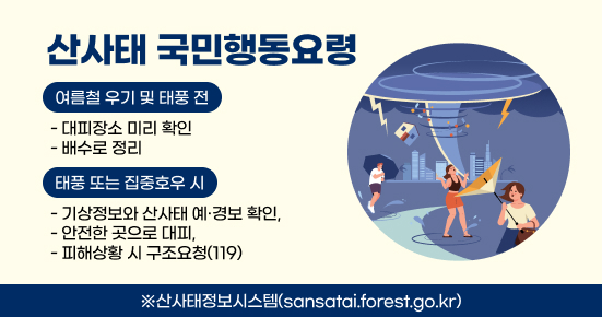 산사태 국민행동요령
○ 여름철 우기 및 태풍 전 : 대피장소 미리 확인, 배수로 정리
○ 태풍 또는 집중호우 시 : 기상정보와 산사태 예·경보 확인, 안전한 곳으로 대피, 피해상황 시 구조요청(119)
※산사태정보시스템(sansatai.forest.go.kr)