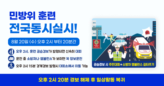 민방위 훈련
전국동시실시!

8월 20일 (수) 오후 2시 부터 20분간
오후 2시, 훈련 공습경보가 발령되면 신속히 대피
문전 중 소방차나 앰불런스가 보이면 꼭 양보운전
오후 2시 15분 경계경보 발령시 대피소에서 이동 가능

공습경보 시 주민대피+소방차 앰뷸런스 길 터주기

오후 2시 20분 경보 해제 후 일상활동 복귀