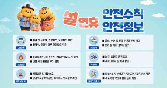 ■ 출발 전 자동차, 기상정보, 도로정보 확인
■ 앞자석, 뒷좌석 모두 안전벨트 착용

■ 주택용 소방시설(소화기, 단독경보형감지기) 설치
■ 성묘 시 담배꽁초 투기 금지

■ 응급상황 시 119 신고
■ 응급의료정보제공앱, 129에서 의료정보 확인

■ 종이, 수건 등 화기 주변에 두지 않기
■ 조리 중 자리 비우지 않기

■ 눈길, 빙판길 통행 자제
■ 주머니에서 손 빼고 활동

■ 로봇청소기, 난방기구 등 전자전기제품 전원 차단
■ 수도꼭지 약하게 틀어 동파 예방