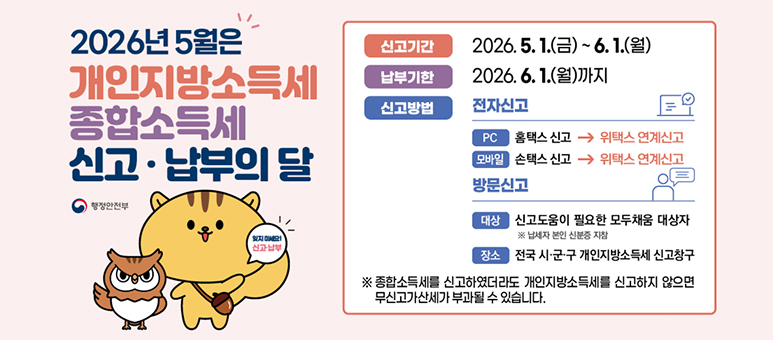 2026년 5월은 개인지방소득세, 종합소득세 신고·납부의 달

신고기간: 2026. 5. 1.(금) ~ 6. 1.(월)
납부기한: 2026. 6. 1.(월)까지
신고방법: 전자신고

PC: 홈택스 신고 → 위택스 연계신고
모바일: 손택스 신고 → 위택스 연계신고
방문신고 가능
대상: 신고도움이 필요한 모두채움 대상자
※ 납세자 본인 신분증 지참
장소: 전국 시·군·구 개인지방소득세 신고창구

※ 종합소득세를 신고하였더라도 개인지방소득세를 신고하지 않으면 무신고가산세가 부과될 수 있습니다.

행정안전부