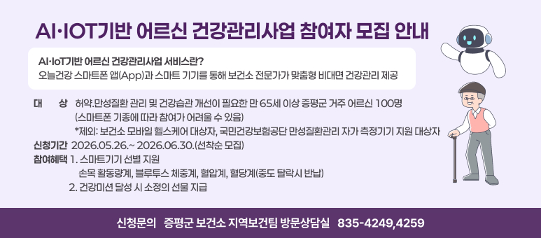 AI·IoT기반 어르신 건강관리 사업 대상자 모집

AI·IoT기반 어르신 건강관리사업 서비스란?
오늘건강 스마트폰 앱(App)과 스마트 기기를 통해 보건소 전문가가 맞춤형 비대면 건강관리 제공
○대    상 : 허약.만성질환 관리 및 건강습관 개선이 필요한 만 65세 이상 증평군 거주 어르신 100명
             (스마트폰 기종에 따라 참여가 어려울 수 있음)
 *제외: 보건소 모바일 헬스케어 대상자, 국민건강보험공단 만성질환관리 자가 측정기기 지원 대상자
○신청기간 : 2026.05.26.~ 2026.06.30.(선착순 모집)
○참여혜택 
1. 스마트기기 선별 지원
손목 활동량계, 블루투스 체중계, 혈압계, 혈당계(중도 탈락시 반납)
2. 건강미션 달성 시 소정의 선물 지급
○신청문의 : 증평군 보건소 지역보건팀 방문상담실 ☎ 835-4249,4259