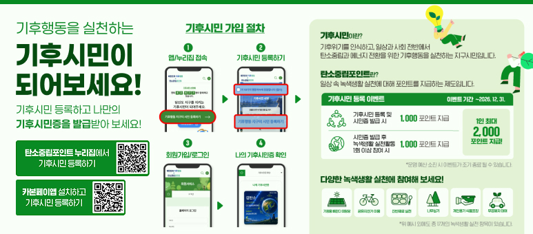 기후행동을 실천하는
기후시민이 되어보세요!
기후시민 등록하고 나만의 기후시민증을 발급받아 보세요!

탄소중립포인트 누리집에서 기후시민 등록하기
카본페이앱 설치하고 기후시민 등록하기

기후시민 가입 절차
1 앱/누리집 접속
대한민국 기후행동 탄소중립포인트
현재 00,000명이 함께 하고 계십니다.
당신도 지구를 지키는 기후시민이 되어주세요.
기후행동 지구의 시민 등록하기 ->

2 기후시민 등록하기
위 10가지 실천약속에 동의합니다 (필수)
기후시민 서명
기후행동 지구의 시민 등록하기

3 회원가입/로그인
대한민국 기후행동 탄소중립포인트
회원서비스
홈페이지 로그인
ID
PW

4 나의 기후시민증 확인
나의 기후시민증
김탄소
C230000100
2024.10.01

기후시민이란?
기후위기를 인식하고, 일상과 사회 전반에서 탄소중립과 에너지 전환을 위한 기후행동을 실천하는 지구시민입니다.

탄소중립포인트란?
일상 속 녹색생활 실천에 대해 포인트를 지급하는 제도입니다.

기후시민 등록 이벤트
이벤트 기간 ~2026. 12. 31.
기후시민 등록 및 시민증 발급 시 1,000 포인트 지급
시민증 발급 후 녹색생활 실천활동 1회 이상 참여 시 1,000 포인트 지급
1인 최대 2,000 포인트 지급!
*운영 예산 소진 시 이벤트가 조기 종료 될 수 있습니다.

다양한 녹색생활 실천에 참여해 보세요!
가정용 베란다 태양광
공유자전거 이용
잔반제로 실천
나무심기
개인용기 사용포장
무공해차 대여
*위 예시 외에도 총 17개의 녹색생활 실천 항목이 있습니다.
1. 상단 QR 코드 https://www.cpoint.or.kr/netzero/
2. 하단 QR 코드 http://www.carbonpay.co.kr/